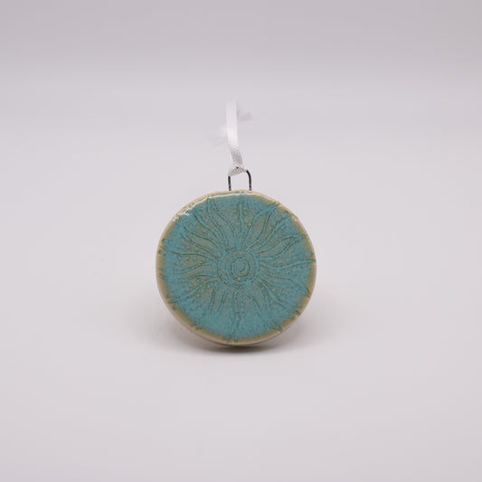 Carved Disc Ornament- Light Turquoise Sunburst